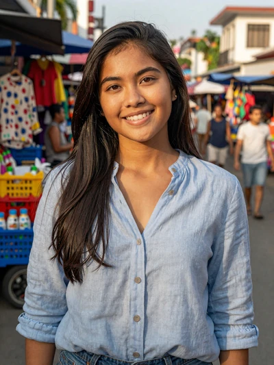 Jasmine Dela Cruz, 26-year-old Filipino woman smiling in Cebu City market - Filipino dating profile