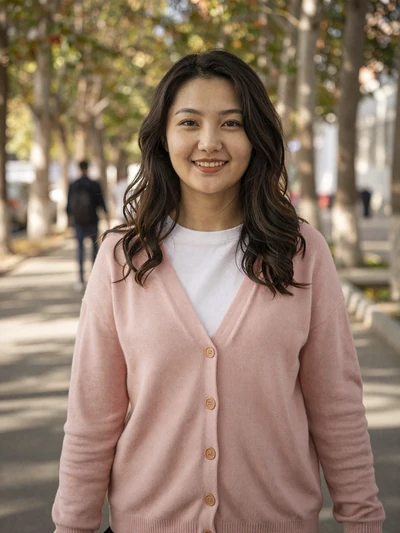 Kanykei Jumalieva, a 24-year-old Kyrgyz woman from Tokmok on a tree-lined street - Kyrgyz women dating profile