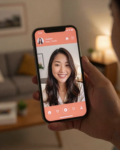 Smartphone showing HD video chat feature on FloridaDatingService with a verified Asian woman smiling