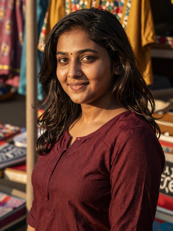 Priya Sharma, a 32-year-old Indian woman at a colorful market - Indian women dating profile