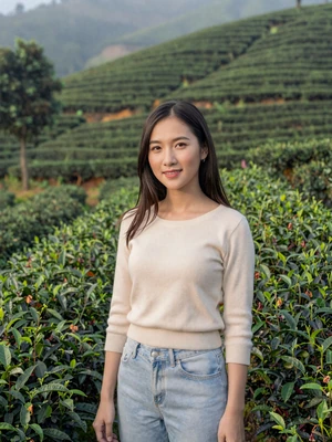 Nan, a 27-year-old Thai woman from Chiang Rai in a scenic tea plantation - Thai women dating profile