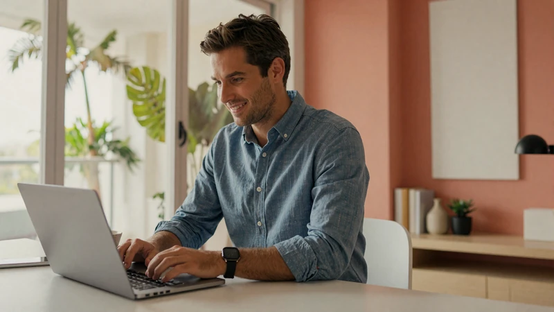 Man creating an online dating profile on laptop in bright Florida apartment - dating profile tips for attracting Asian women