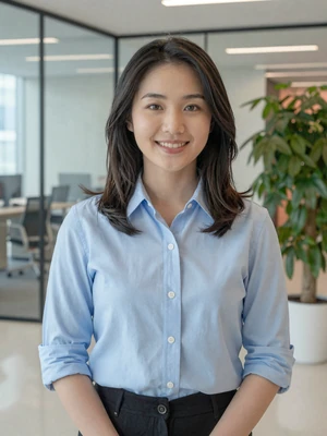 Sarah Wee, a 28-year-old Chinese-Singaporean woman in a modern office lobby - Singaporean women dating profile