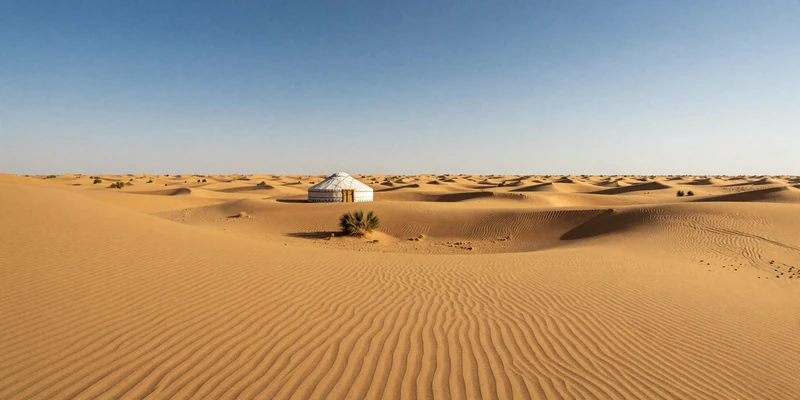 Scenic Karakum Desert landscape with golden sand dunes and traditional yurt - the homeland heritage of Turkmen women on FloridaDatingService