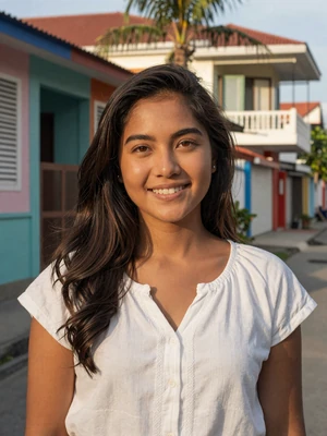 Maria Reyes, 25-year-old Filipino woman smiling in sunny Manila neighborhood - Filipino women dating profile