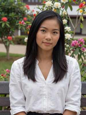 Thin Thin, a 25-year-old Burmese woman from Naypyidaw sitting in a flower garden - Burmese women dating profile