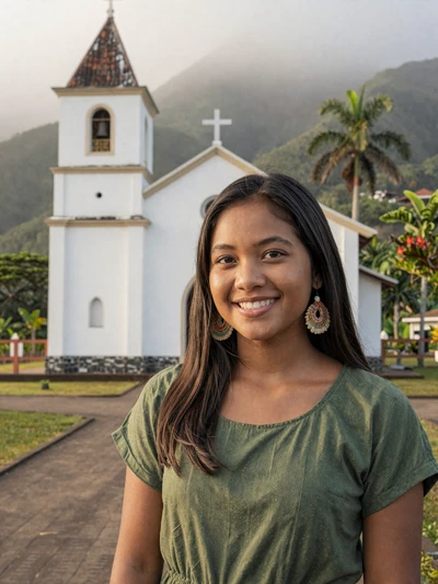 Filomena Reis, a 24-year-old Timorese woman from Aileu near a mountain church - Timorese women dating profile