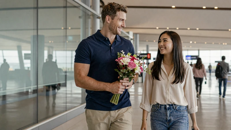 Happy interracial couple reuniting at airport arrivals - K-1 visa guide for international couples