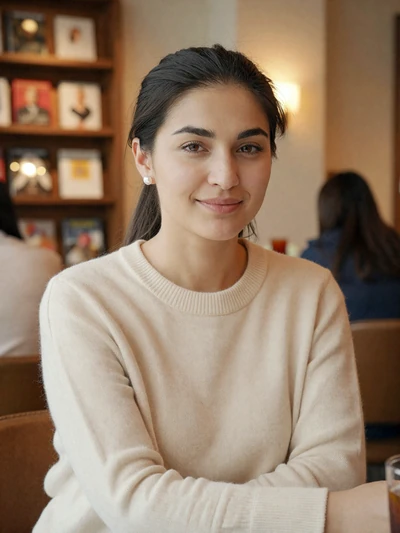 Malika Tursunova, a 30-year-old Uzbek woman from Andijan in a cozy bookstore cafe - Uzbek women dating profile