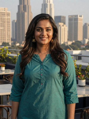 Priya Sharma, 31-year-old verified Indian woman at Mumbai rooftop cafe - Indian dating profile example