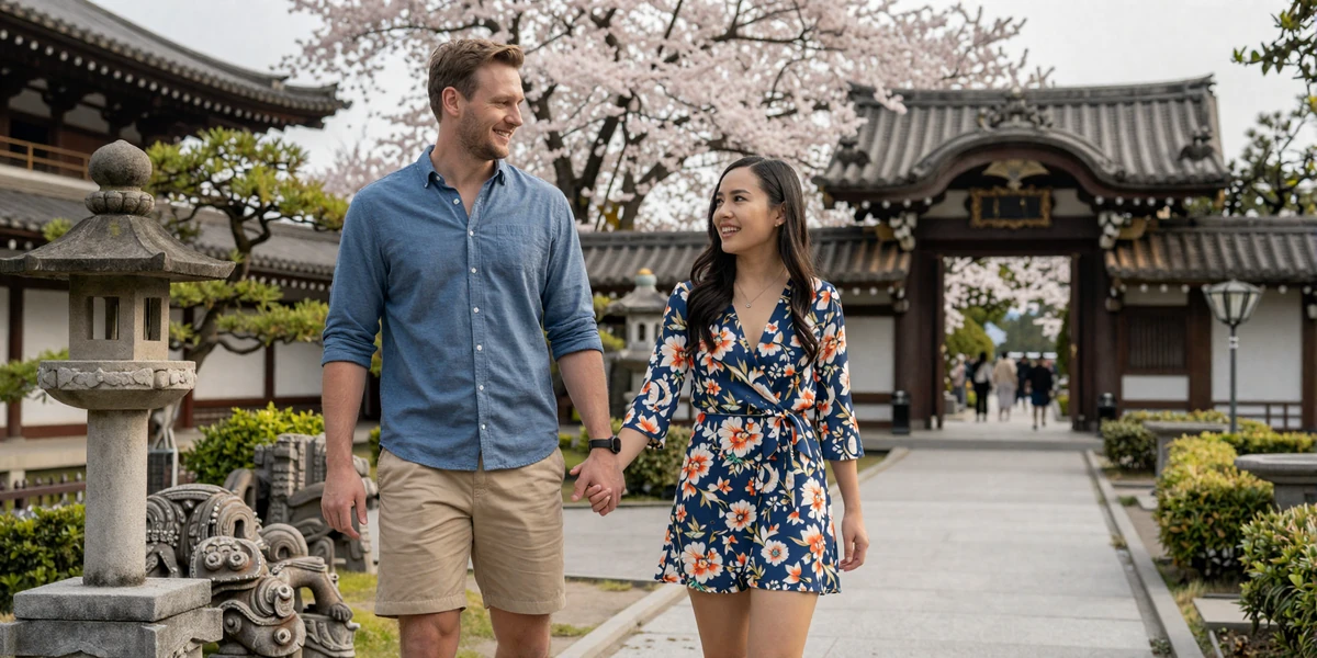 Interracial couple exploring an Asian temple garden together - cross-cultural Asian dating experience