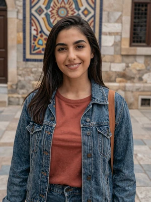 Mais Al-Zoubi, a 24-year-old Jordanian woman from Madaba on a historic stone street - Jordanian women dating profile