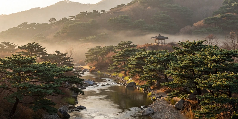 Serene Korean mountain valley with traditional pavilion and calm river - the cultural heritage of Korean women on FloridaDatingService