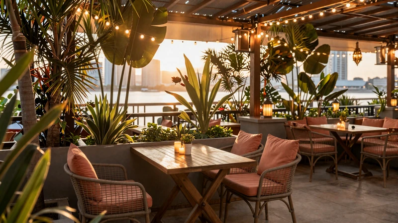 Romantic outdoor cafe patio with warm string lights at golden hour - first date setting for impressing Asian women