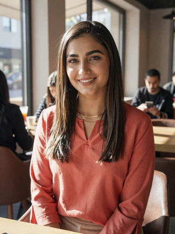 Smiling Afghan woman in modern coral blouse at a cafe - Afghan women dating profile on FloridaDatingService