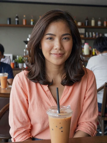Smiling Thai woman in a casual coral blouse at a modern Bangkok cafe - Thai women dating profile on FloridaDatingService