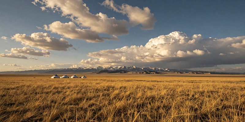 Vast Kazakh steppe with golden grasslands, traditional yurts, and distant mountains - the ancestral homeland of Kazakh women on FloridaDatingService