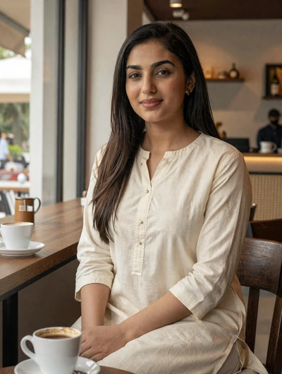 Smiling Pakistani woman in casual cotton kurta at a modern cafe - Pakistani women dating profile