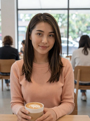 Smiling Taiwanese woman in a modern cafe enjoying a latte - Taiwanese women dating profile on FloridaDatingService