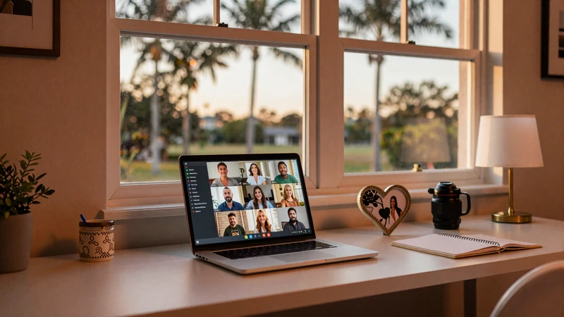 Cozy Florida home office with laptop video call setup at golden hour - long-distance relationship tips for Asian dating