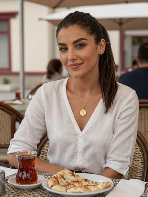 Selbi Kuliyeva, a 28-year-old Turkmen woman from Turkmenabat at an outdoor restaurant - Turkmen women dating profile
