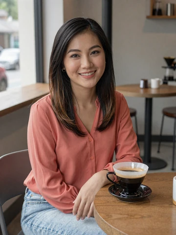 Smiling Vietnamese woman in casual coral blouse at a modern coffee shop - Vietnamese women dating profile