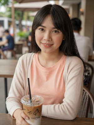 Fah, a 24-year-old Thai woman from Pattaya at an outdoor cafe - Thai women dating profile