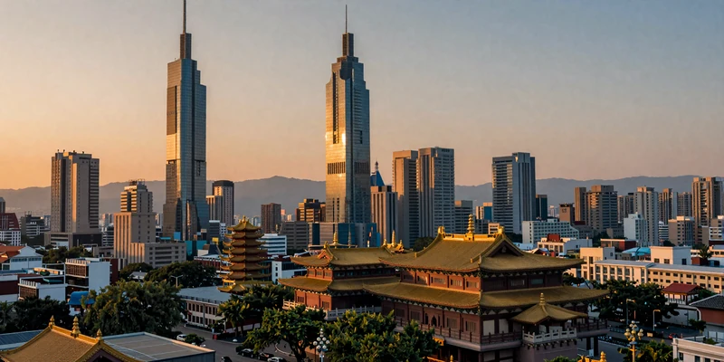Twilight view of a modern Taiwanese city skyline blending traditional temple architecture - the vibrant homeland of Taiwanese women on FloridaDatingService