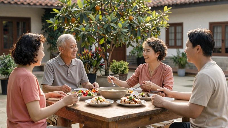 Multigenerational Asian family sharing a meal together in a garden - understanding Asian family values in dating