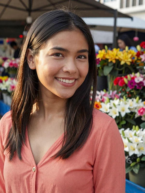 Preeya, a 26-year-old Thai woman at a flower market - Thai women dating profile