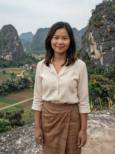 Chansouk Phouminh, a 31-year-old Laotian woman from Thakhek at a scenic mountain viewpoint - Laotian women dating profile