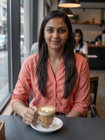 Smiling Indian woman in casual coral blouse at a modern cafe - Indian women dating profile on FloridaDatingService