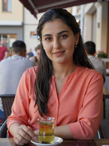 Smiling Tajik woman in coral blouse at an outdoor cafe with green tea - Tajik women dating profile on FloridaDatingService