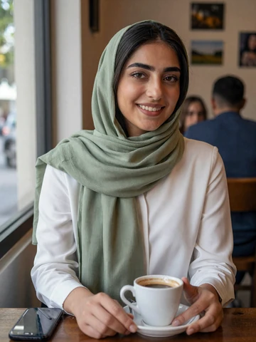 Smiling Yemeni woman in modern attire at a cafe - Yemeni women dating profile on FloridaDatingService