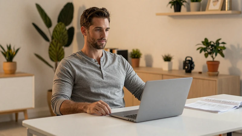 Man safely browsing a verified dating platform on laptop - online dating safety tips for men guide