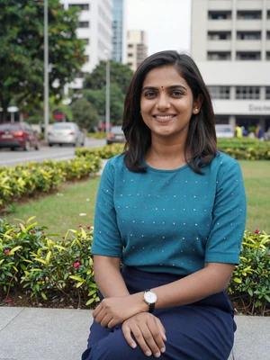 Kavya Nair, a 30-year-old Indian woman from Bangalore at a modern tech park - Indian women dating profile
