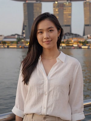 Rachel Lim, a 26-year-old Chinese-Singaporean woman at Marina Bay waterfront - Singaporean women dating profile