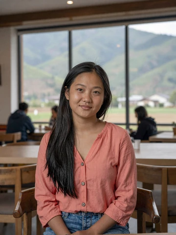 Smiling Bhutanese woman in casual coral blouse at a modern cafe with Himalayan mountain views - Bhutanese women dating profile