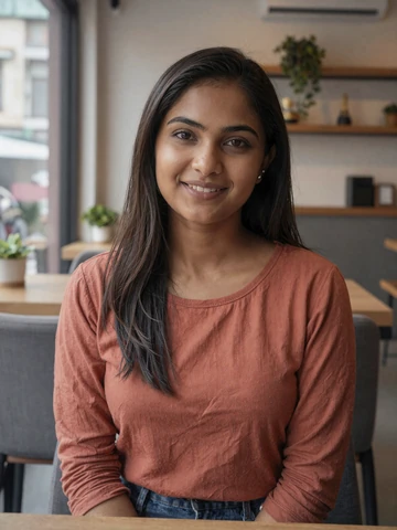 Smiling Nepali woman in casual terracotta top at a Kathmandu cafe - Nepali women dating profile