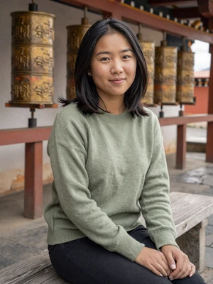 Tshering Yangzom, a 25-year-old Bhutanese woman from Paro near a temple with prayer wheels - Bhutanese women dating profile