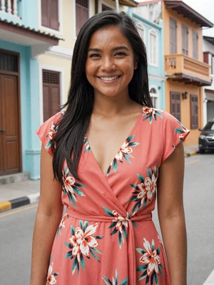 Maria Santos, a 27-year-old Filipina woman from Cebu City smiling on a sunny street - Filipino women dating profile