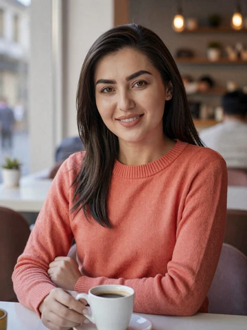 Smiling Kyrgyz woman in coral sweater at a bright cafe - Kyrgyz women dating profile on FloridaDatingService
