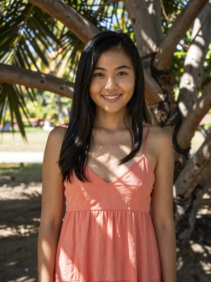 Moe Moe, a 27-year-old Burmese woman from Bago under a tropical tree with dappled sunlight - Burmese women dating profile
