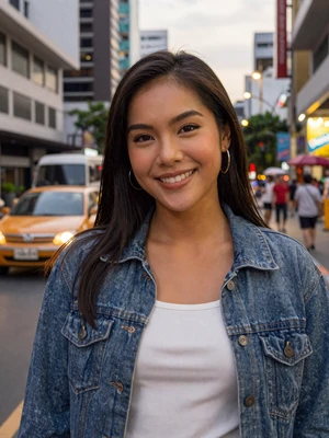 Ploy, a 28-year-old Thai woman from Bangkok smiling on a city street - Thai women dating profile