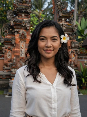 Putri Wulandari, a 29-year-old Balinese woman near a temple in Bali - Indonesian women dating profile