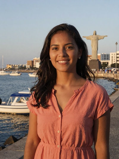 Rosa Ximenes, a 27-year-old Timorese woman at the Dili waterfront with Cristo Rei in background - Timorese women dating profile