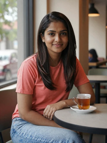 Smiling Sri Lankan woman in casual coral top at a modern cafe with Ceylon tea - Sri Lankan women dating profile