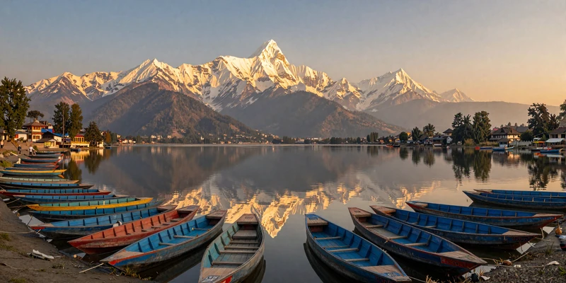 Pokhara lakeside with Phewa Lake and Annapurna mountains at golden hour - a romantic destination for meeting Nepali women
