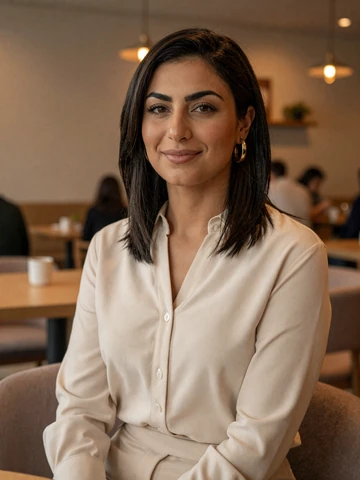 Smiling Jordanian woman in modern cream blouse at a cafe in Amman - Jordanian women dating profile on FloridaDatingService