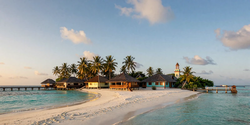 Traditional Maldivian island with turquoise lagoon and palm trees at golden hour - romantic destination for meeting Maldivian women